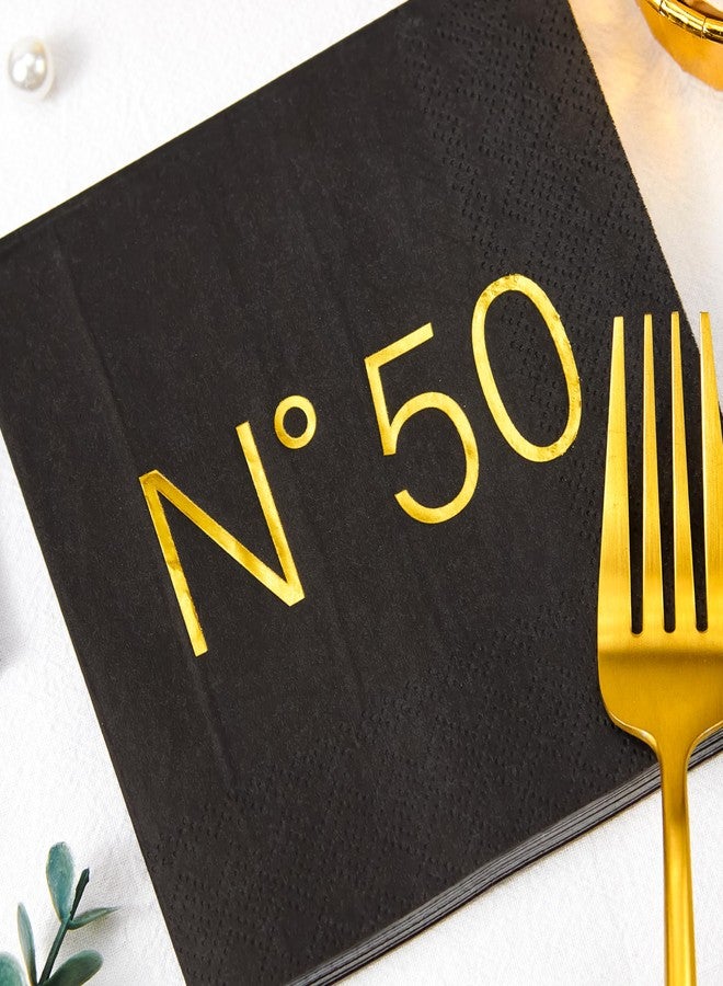 Crisky 50 Pcs N50 Black Gold Foil Cocktail Happy 50th Birthday Disposable Paper Napkins for 50th Birthday Party Decoration, 3-Ply - Image 3